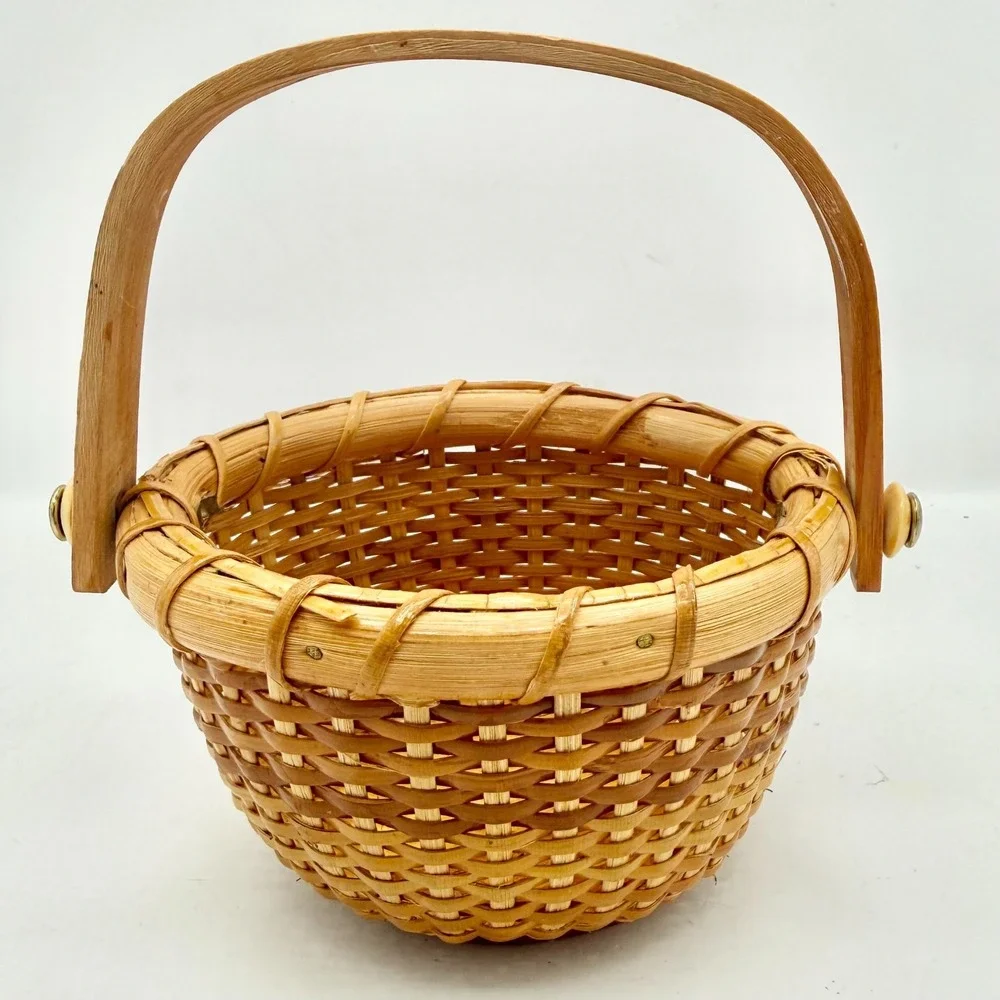 Vintage Nantucket Style Mini Basket Woven Rattan Bentwood Handle 4.5